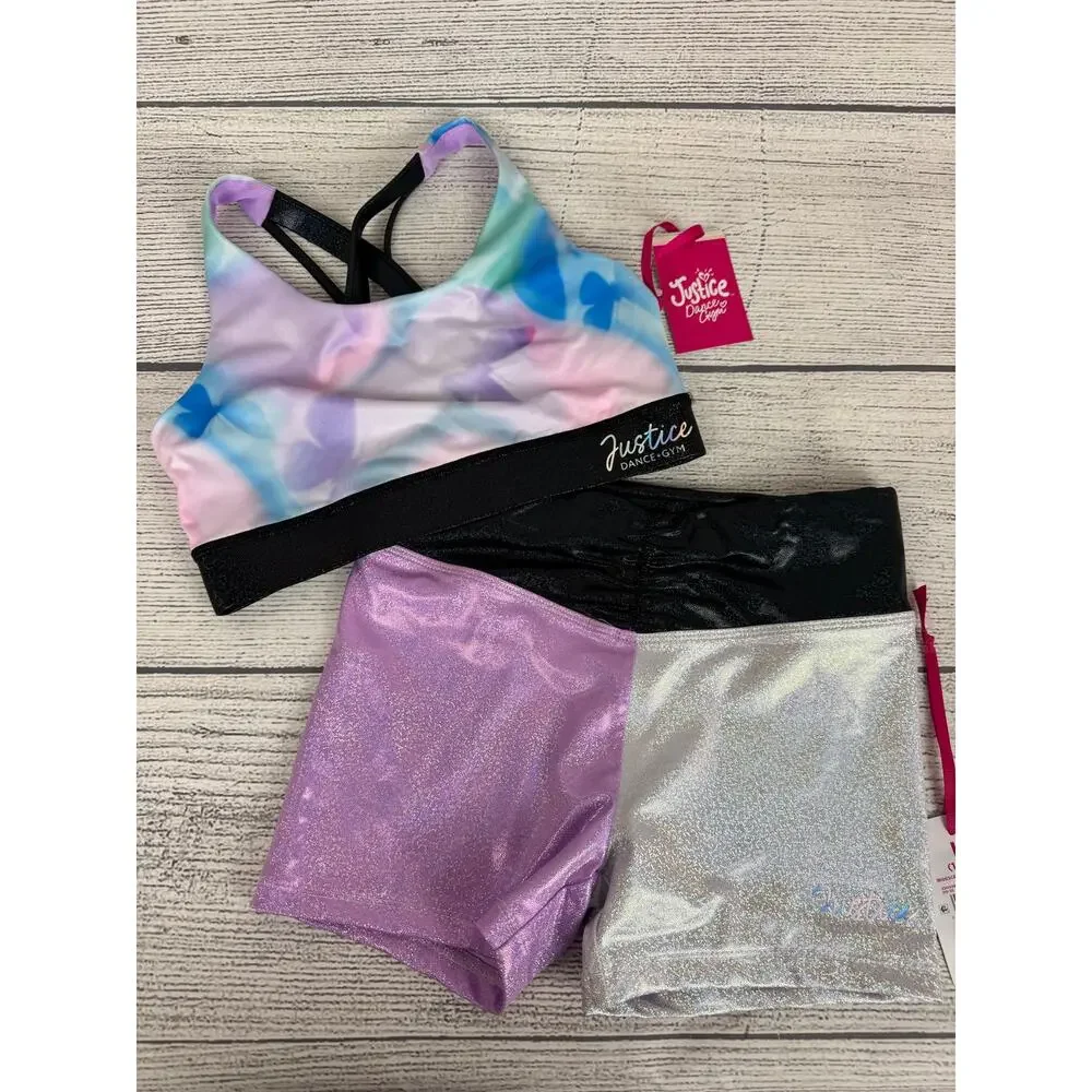 Justice Dance Gym Girl's Butterfly Cloud Iridescent Bra & Shorts Set Size Large